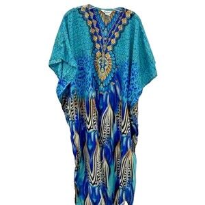 Vintage Winlar OSFM Kaftan Satin Floral Animal Print Blue Aqua Black Maxi Dress